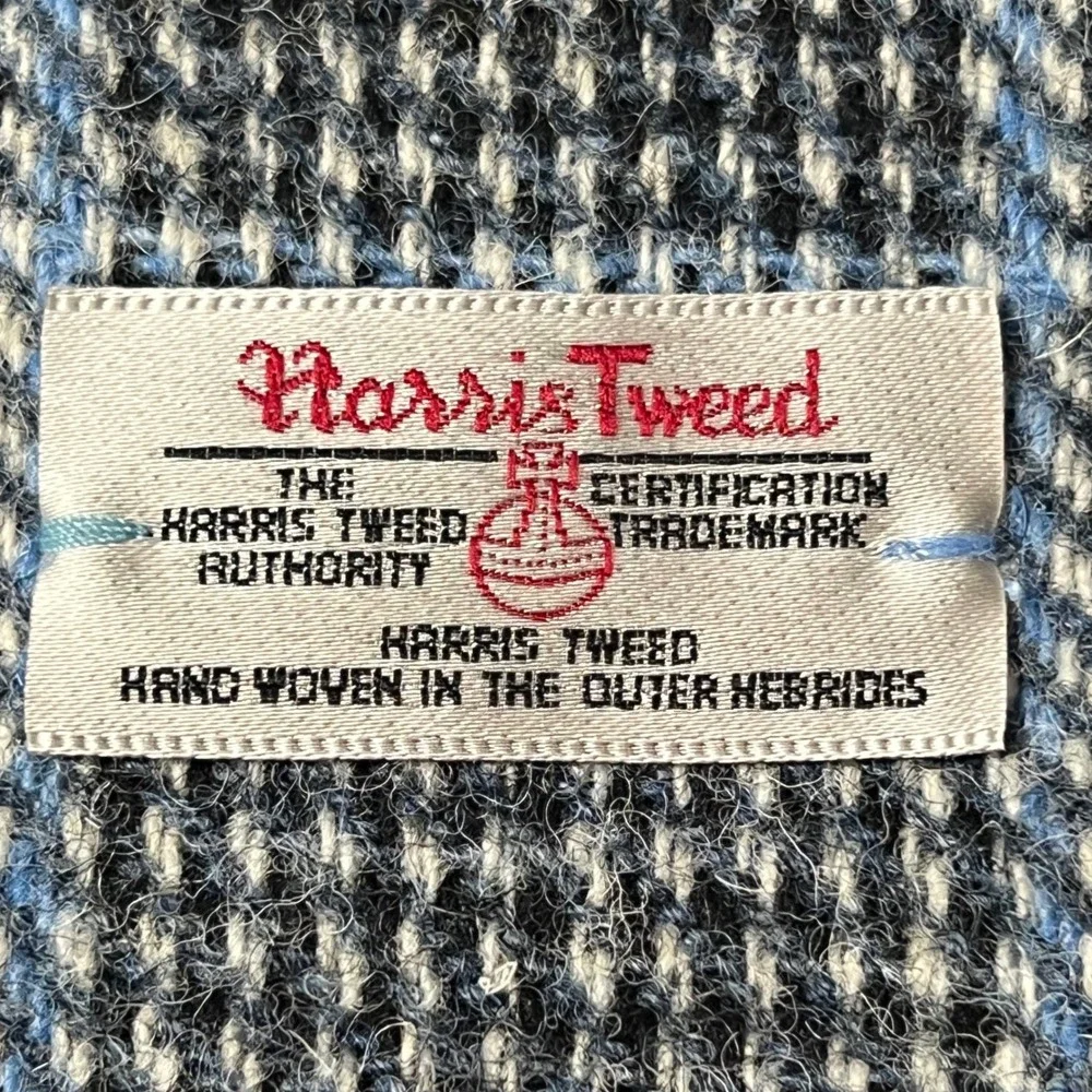 Harris Tweed Wool Scarf Blue Gray Plaid Hand Woven Scotland 57x10
